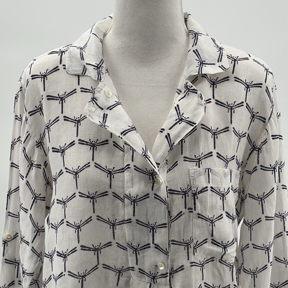 Roberta Freymann Linen Popover Long Sleeve Stamped Dragonfly Tunic Top - Sz XS - Picture 3 of 8
